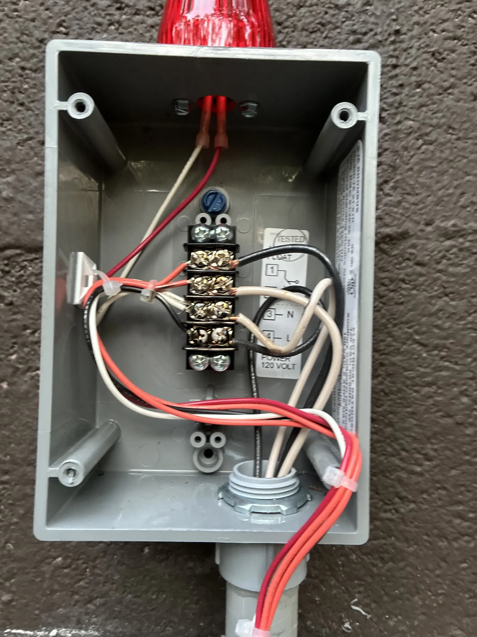 Septic control panel with the pump and float wiring landed on the terminal block