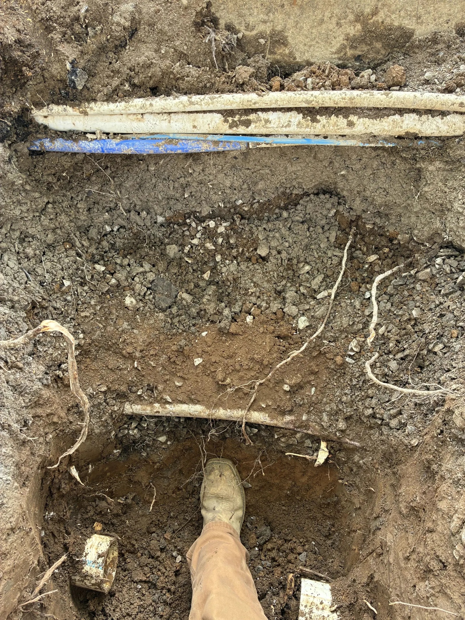 Checking the grade of new pipe with a level in an open trench